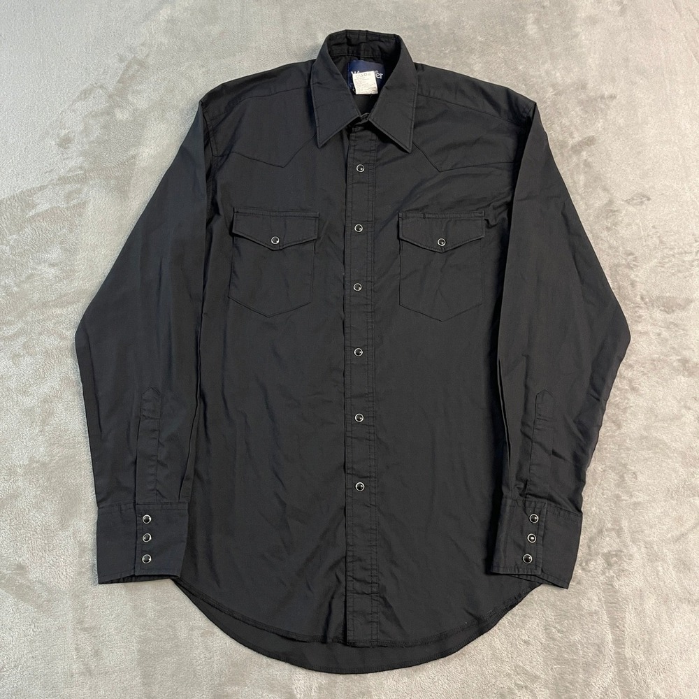 Wrangler Mens Small Western Snap Shirt Black Long Sleeve Pearl Snap Casual Rodeo